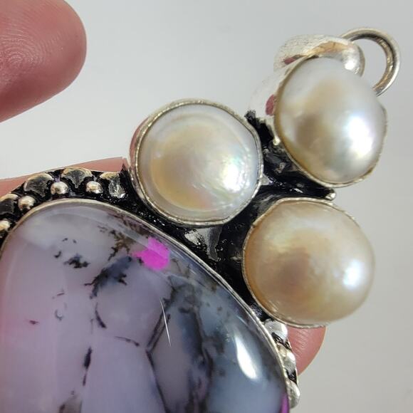 Handmade Silver Pendant with Pink Jasper Heart, Freshwater Pearls & 925 Setting - Picture 4 of 10